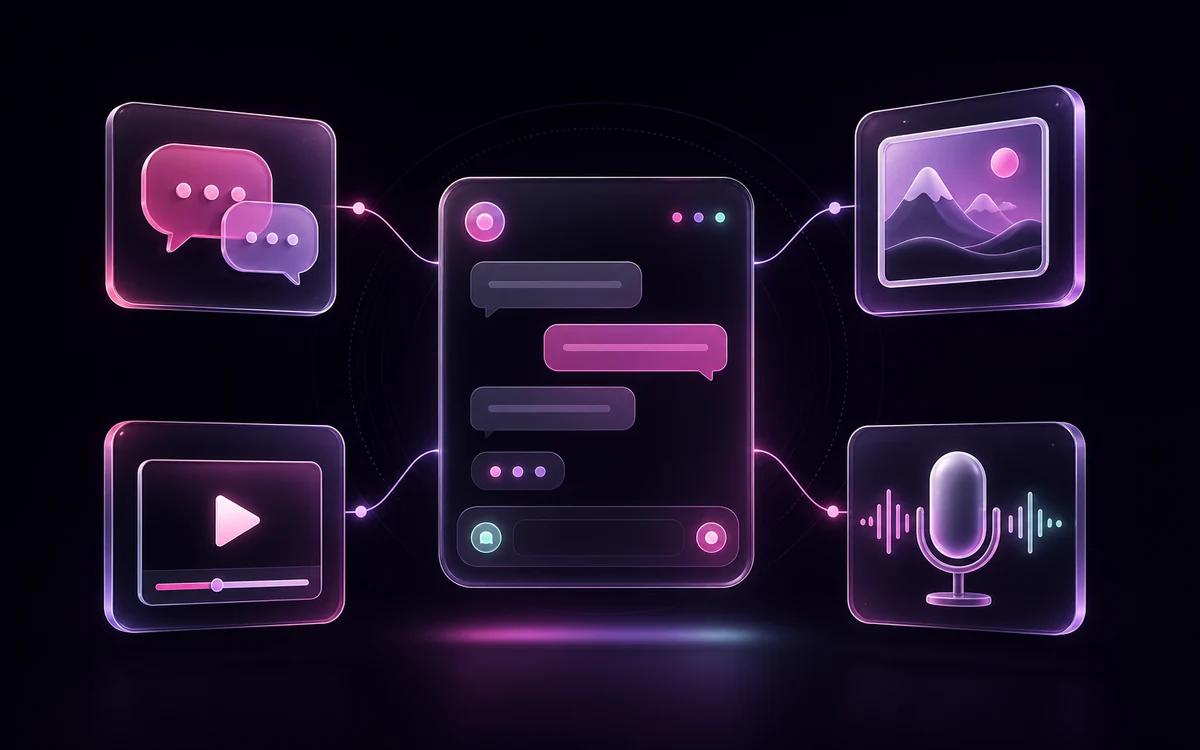 AI features illustration AI companion interface connecting text chat with image, video, and voice tools